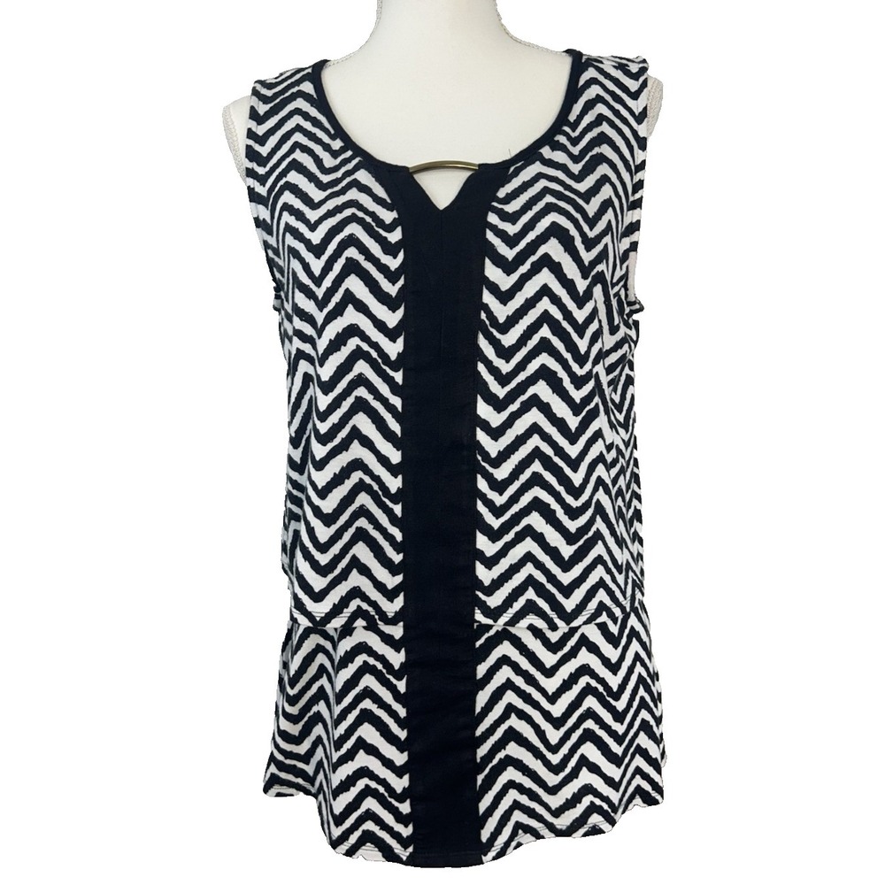 Cato Top Womens Sz L Black & White Sleeveless Keyhole‎ Pullover Flowy Lagenlook